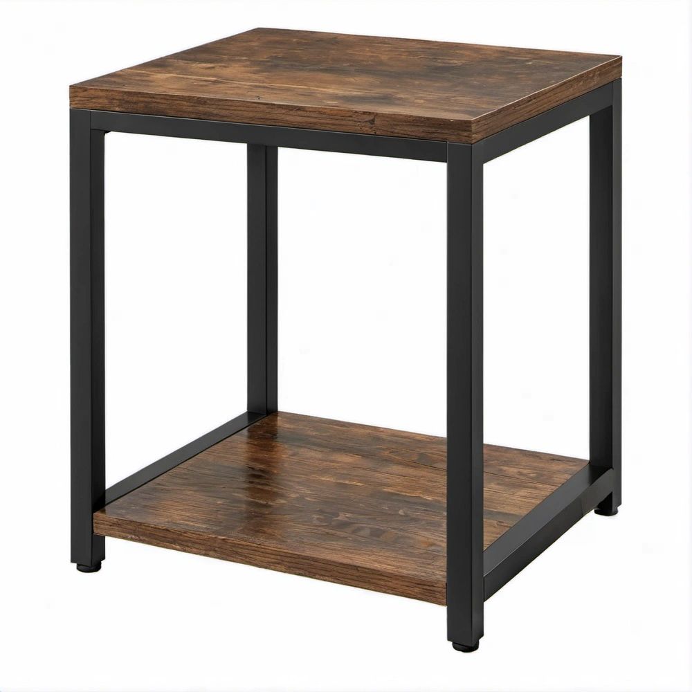 Mesa Lateral Quadrada Castanha e Preta em MDF e Aço, 45 x 45 x 55 cm