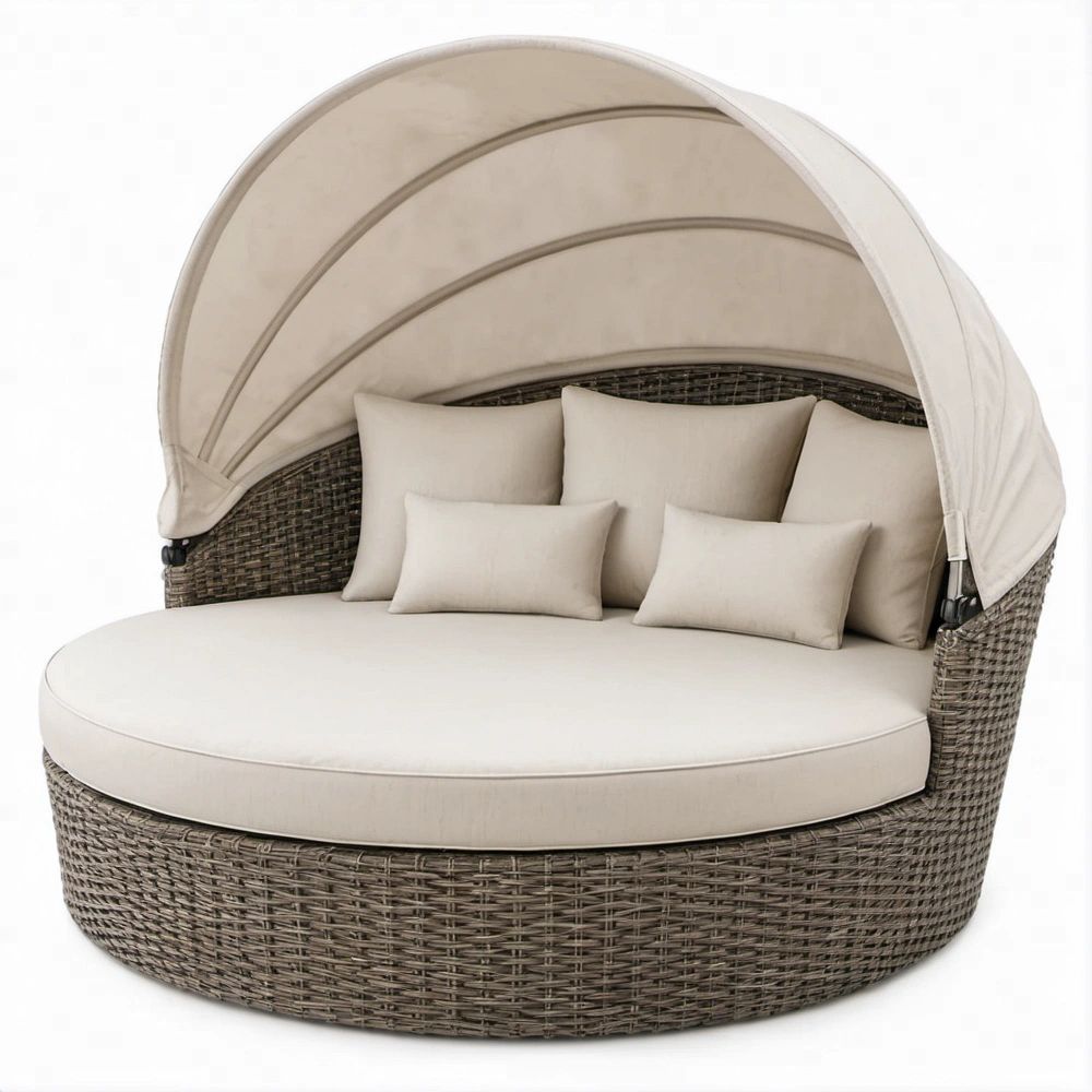 Cama de Jardim Redonda em Vime PE com Capota Retrátil, 180 x 180 x 180 cm, Castanho Acinzentado e Creme
