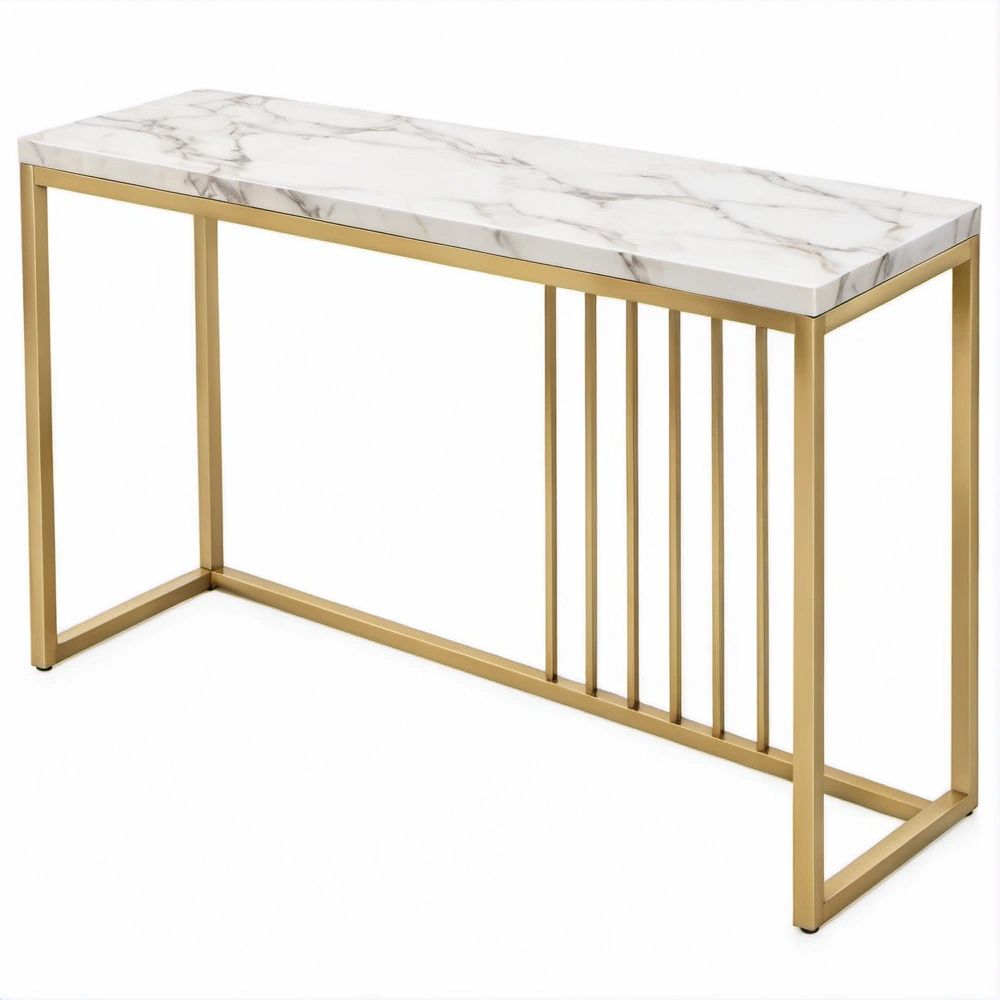 Mesa de Consola Retangular Branca Marmoreada e Dourada em MDF e Aço, 120 x 40 x 78 cm