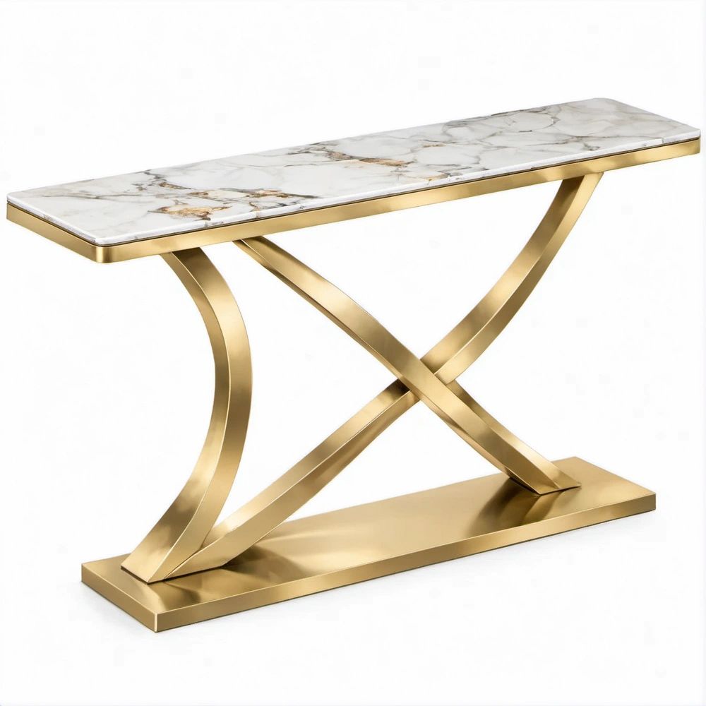Mesa de Consola Branca Marmoreada e Dourada em MDF e Aço Inoxidável, 120 x 40 x 78 cm