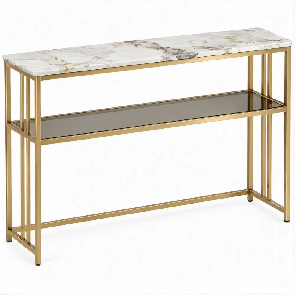 Mesa de Consola Retangular Branca e Dourada com Tampo Efeito Mármore, 120 x 40 x 78 cm