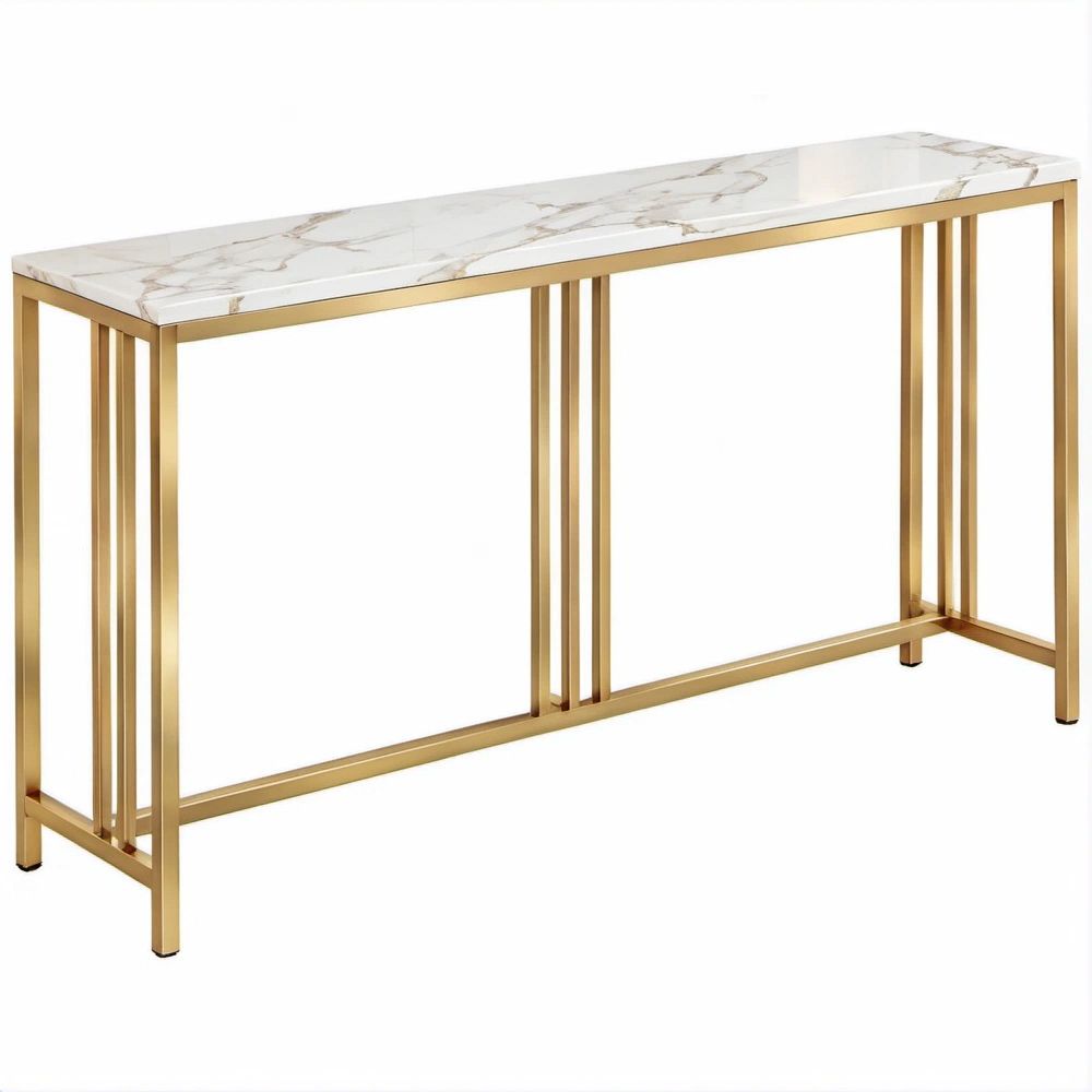 Mesa de Consola Retangular Branca e Dourada com Tampo Efeito Mármore 120 x 30 x 80 cm