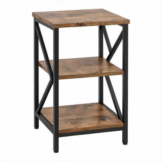 Mesa Lateral Quadrada com 3 Prateleiras, Castanho Rústico e Preto, 40 x 40 x 60 cm