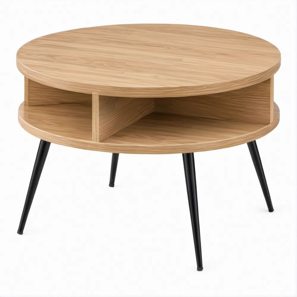 Mesa de Centro Redonda em Carvalho Claro e Preto com Arrumação, Ø 80 x 45 cm