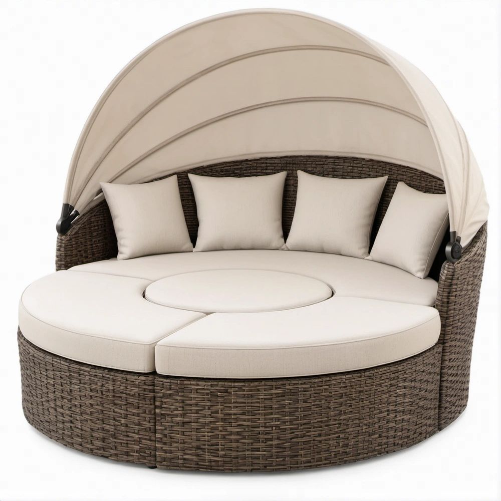 Cama de Jardim Redonda em Rattan PE com Capota Retrátil Bege, 180 x 180 x 145 cm