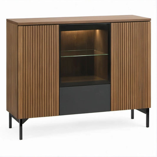 Aparador em MDF com acabamento nogueira, portas ripadas, vidro fumado e iluminação LED, 120 x 40 x 90 cm
