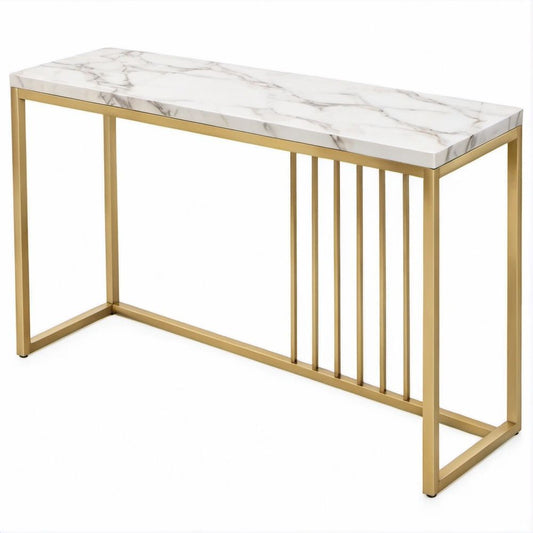 Mesa de Consola Retangular Branca Marmoreada e Dourada em MDF e Aço, 120 x 40 x 78 cm