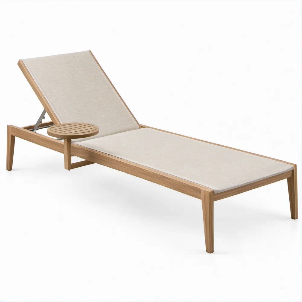 Espreguiçadeira Reclinável em Teca Maciça Bege e Castanho Natural 200 x 70 x 35-90 cm com Mesa Lateral