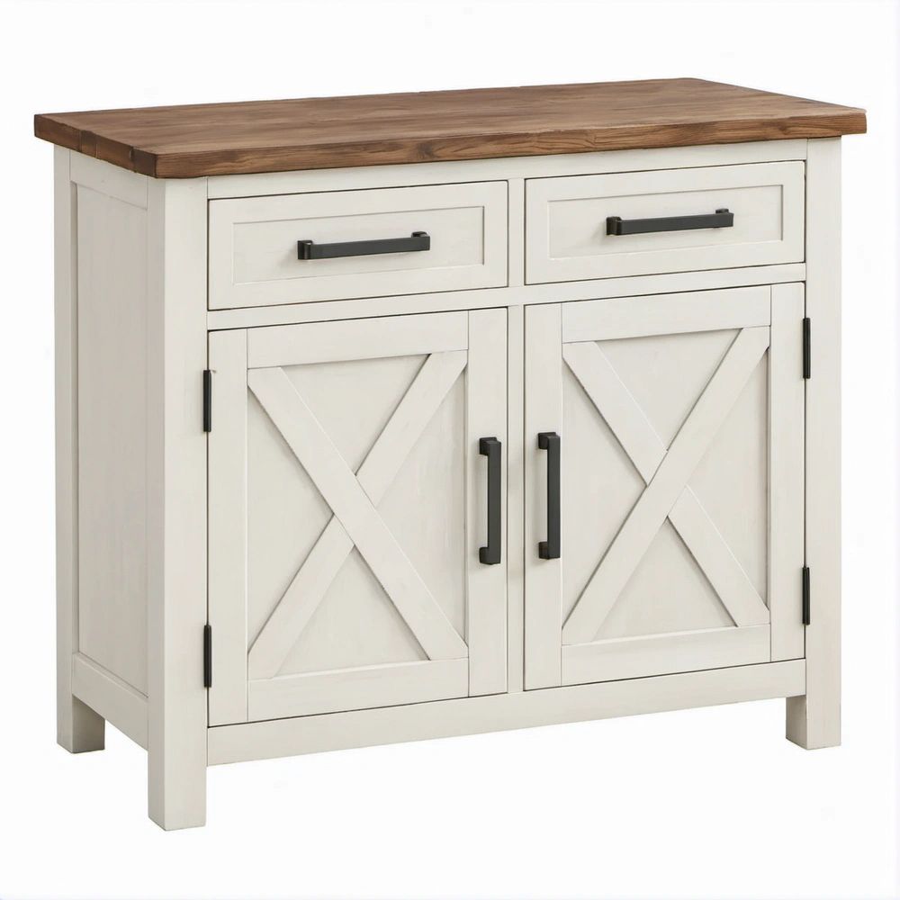 Aparador em Madeira de Pinho e MDF Branco e Castanho com 2 Portas e 2 Gavetas, 100 x 45 x 90 cm