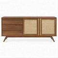 Aparador em MDF folheado a nogueira com vime natural, Castanho e Bege, 160 x 40 x 80 cm