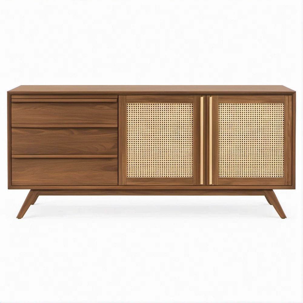 Aparador em MDF folheado a nogueira com vime natural, Castanho e Bege, 160 x 40 x 80 cm