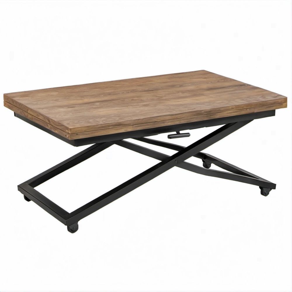 Mesa de centro elevatória retangular em madeira maciça e aço, Castanho/Preto, 120 x 60 x 48-75 cm