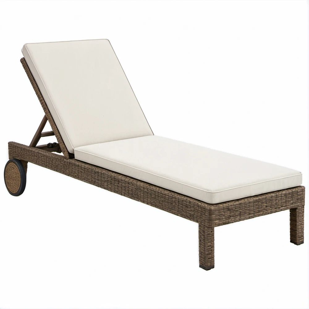 Espreguiçadeira Reclinável para Exterior em Rattan PE Castanho com Almofada Creme, 200 x 65 x 39 cm