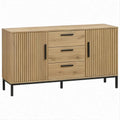 Aparador em MDF efeito carvalho natural e preto, 2 portas ripadas e 3 gavetas, 120 x 40 x 80 cm