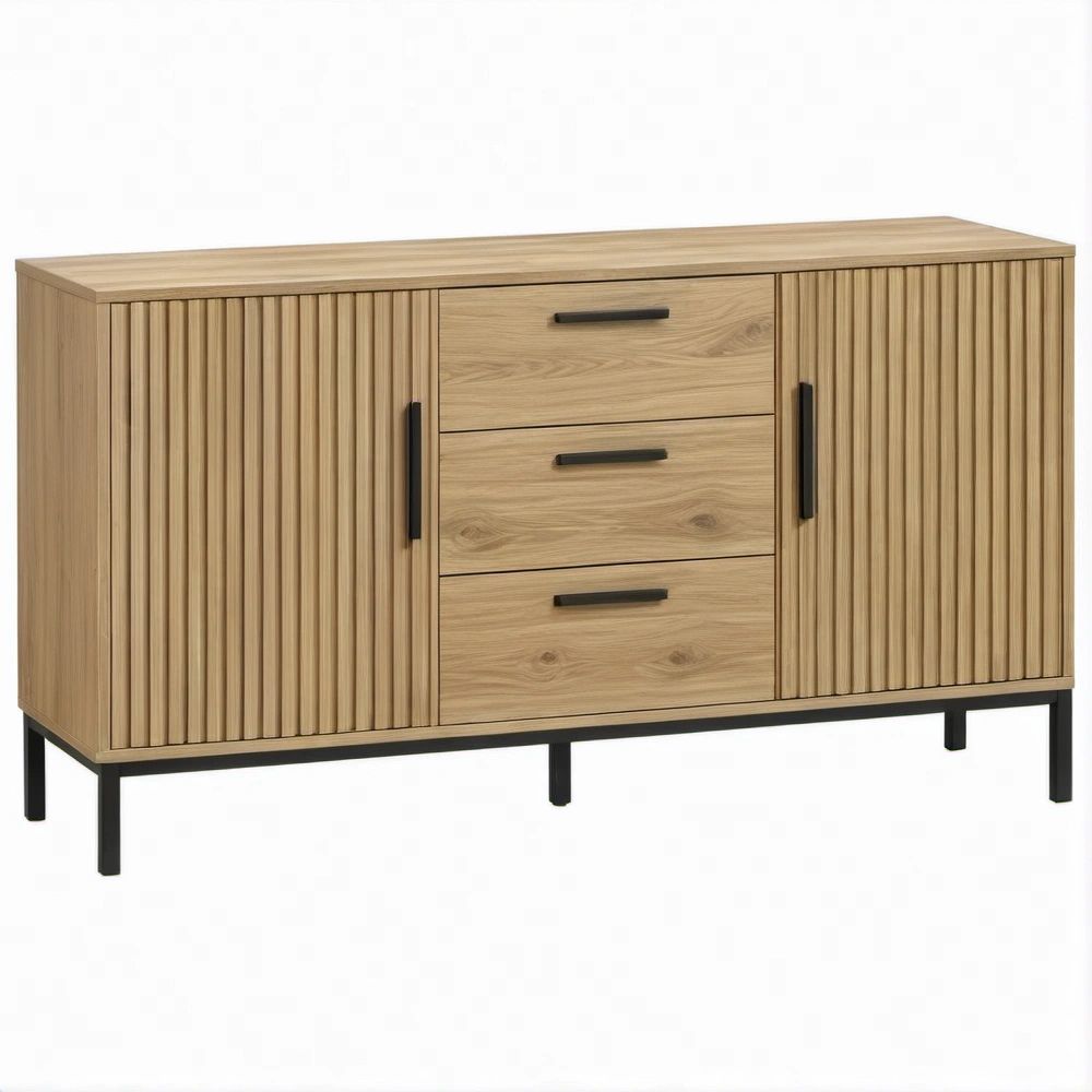 Aparador em MDF efeito carvalho natural e preto, 2 portas ripadas e 3 gavetas, 120 x 40 x 80 cm