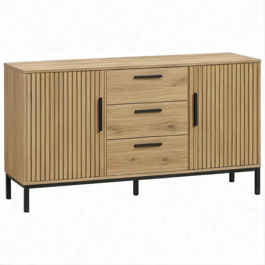 Aparador em MDF efeito carvalho natural e preto, 2 portas ripadas e 3 gavetas, 120 x 40 x 80 cm