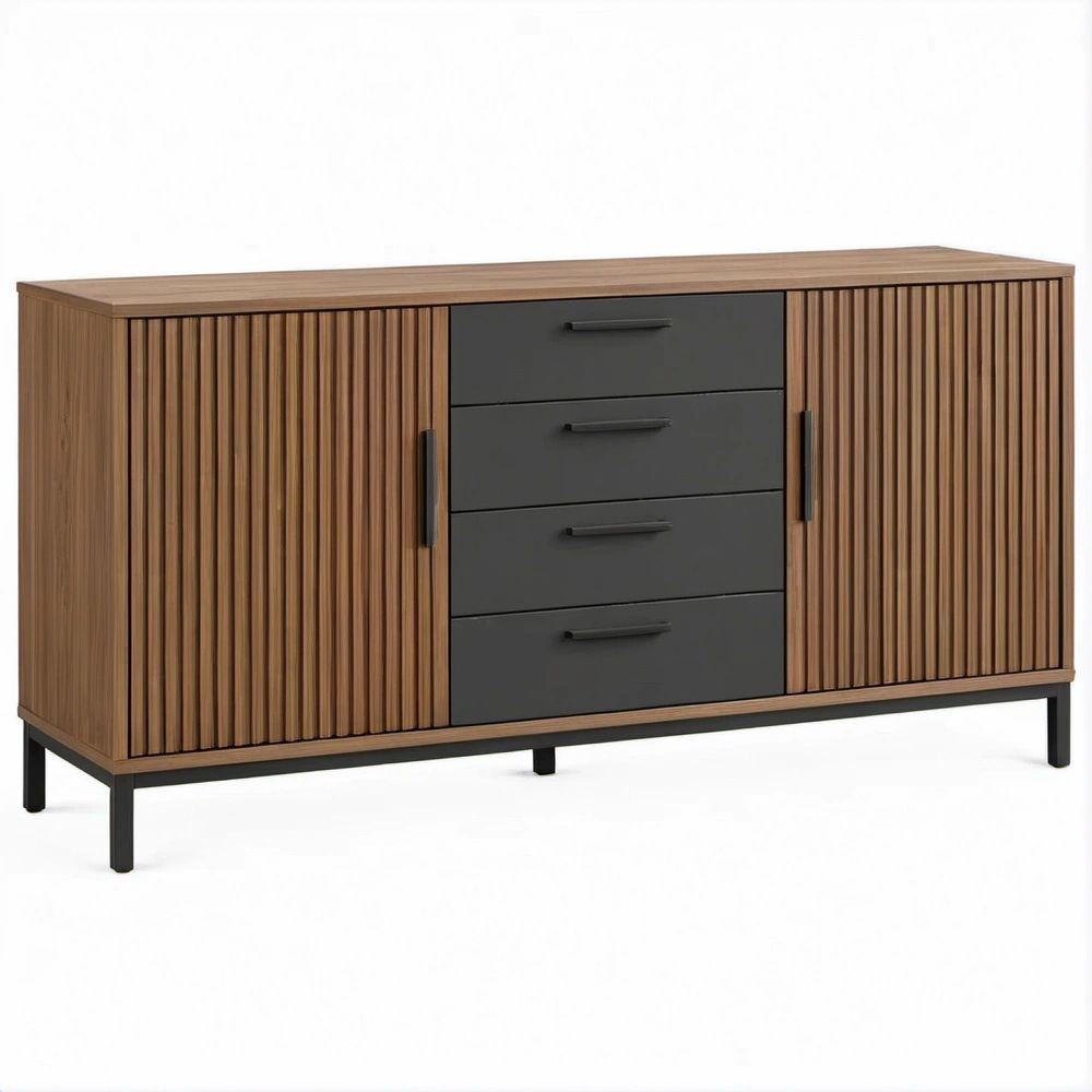 Aparador em MDF Nogueira e Preto com 2 Portas e 4 Gavetas, 160 x 40 x 85 cm
