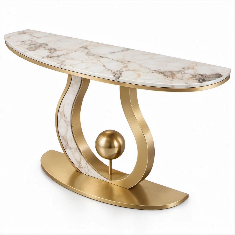 Consola Oval Branca Marmoreada e Dourada em Pedra Sinterizada e Aço Inoxidável, 120 x 40 x 78 cm