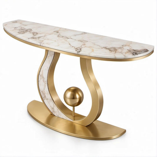 Consola Oval Branca Marmoreada e Dourada em Pedra Sinterizada e Aço Inoxidável, 120 x 40 x 78 cm