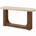 Consola Oval em Travertino Bege e MDF Folheado a Nogueira 120 x 35 x 80 cm