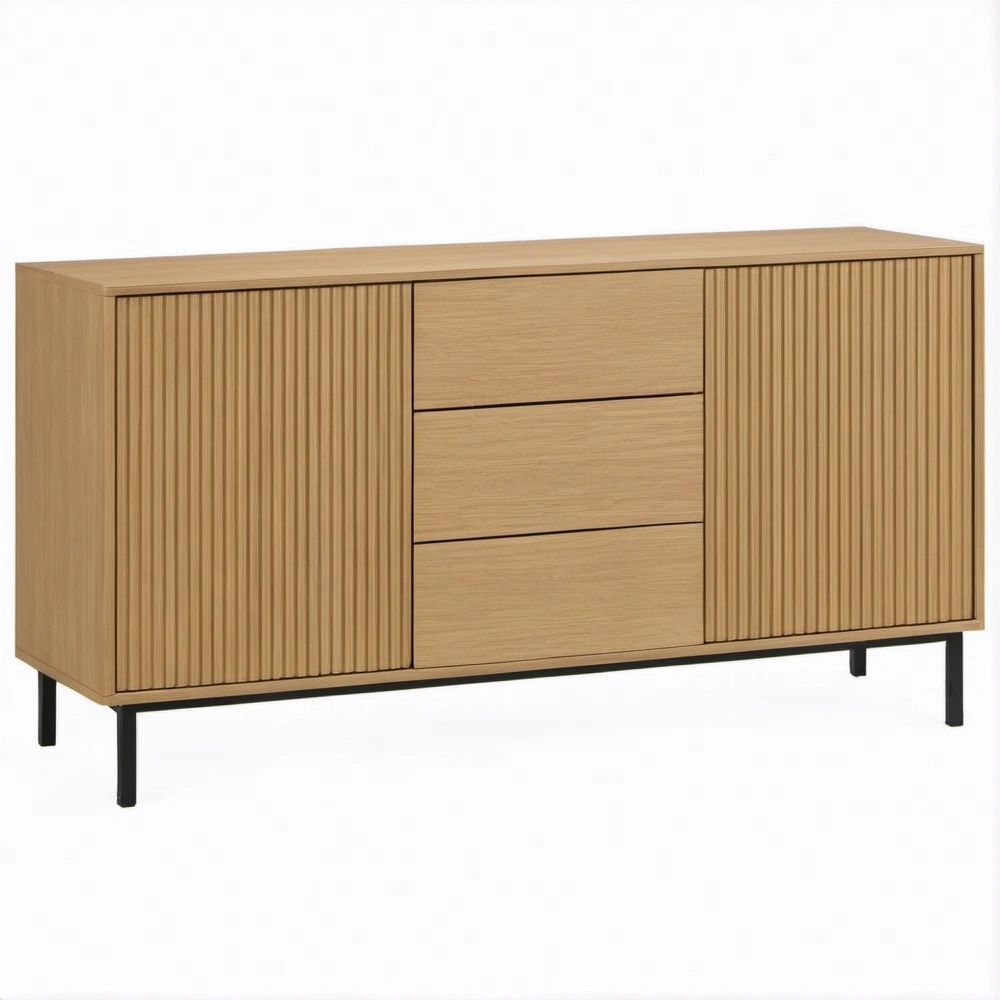Aparador em Carvalho Natural e Preto com 2 Portas Ripadas e 3 Gavetas, 160 x 40 x 80 cm