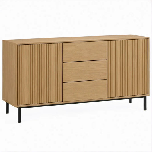 Aparador em Carvalho Natural e Preto com 2 Portas Ripadas e 3 Gavetas, 160 x 40 x 80 cm