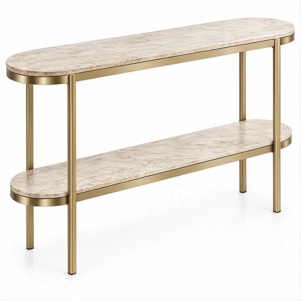 Mesa de Consola Oval com 2 Prateleiras em MDF Efeito Mármore e Aço Dourado, 120 x 35 x 80 cm